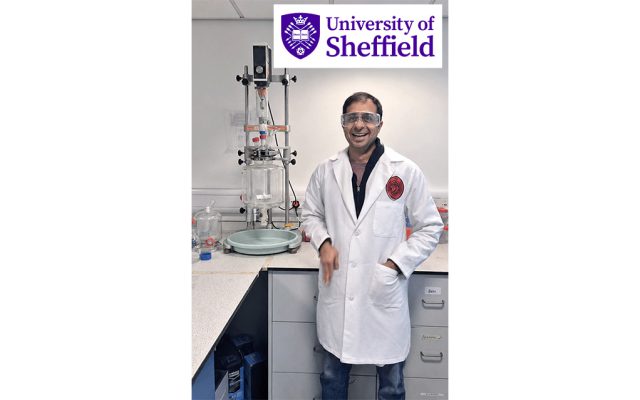 Siddharth Pathwardhan next to Reactor-Ready Flex, with University of Sheffield logo