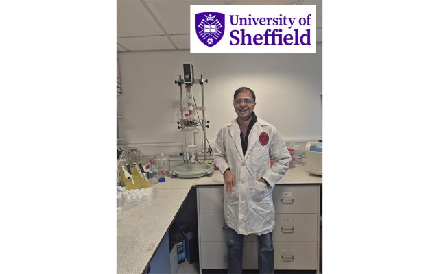 Siddharth Pathwardhan next to Reactor-Ready Flex, with University of Sheffield logo
